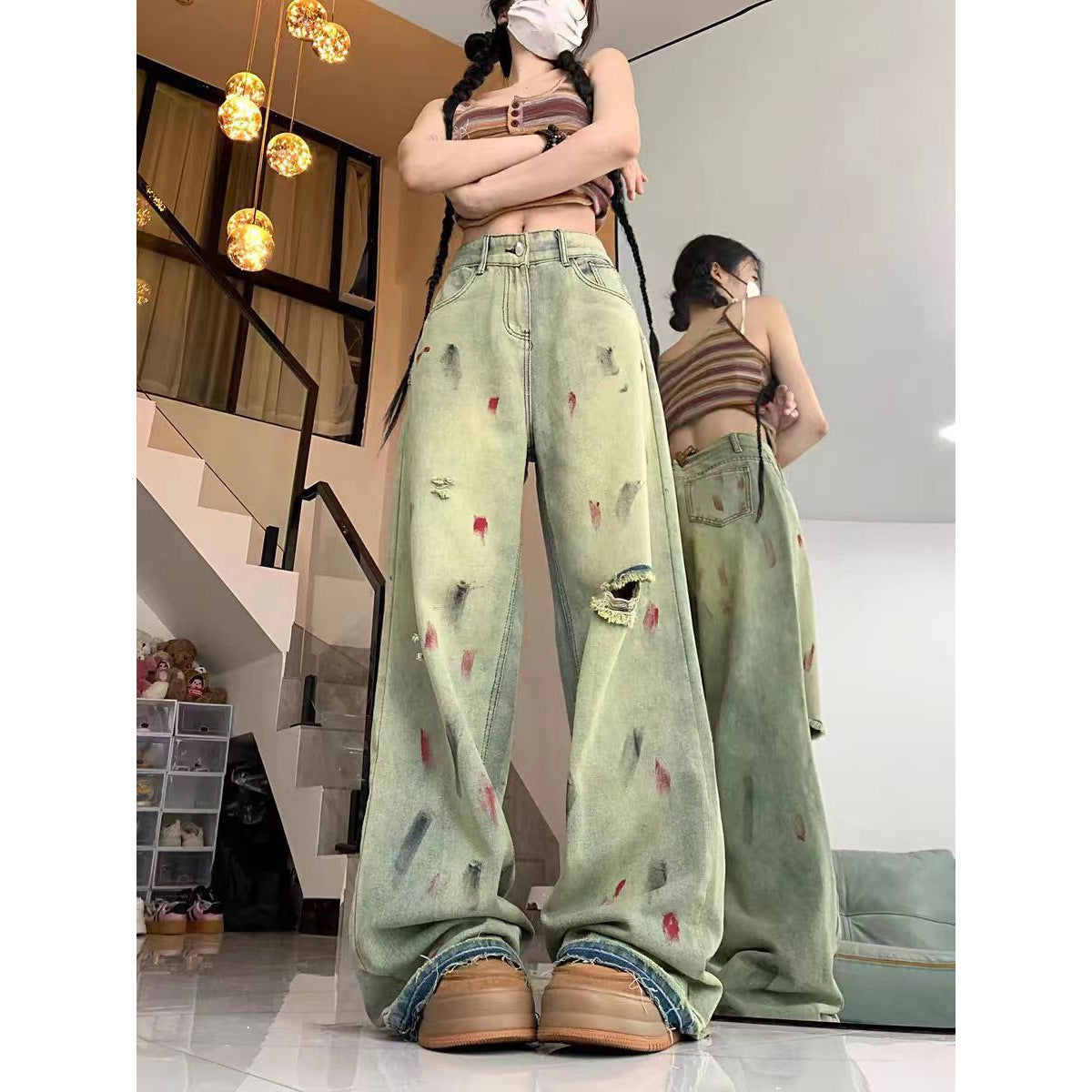 High Waist Painted Raw Edge Ripped Wide Leg Jeans For Women Loose Drape Straight Floor-length Trousers