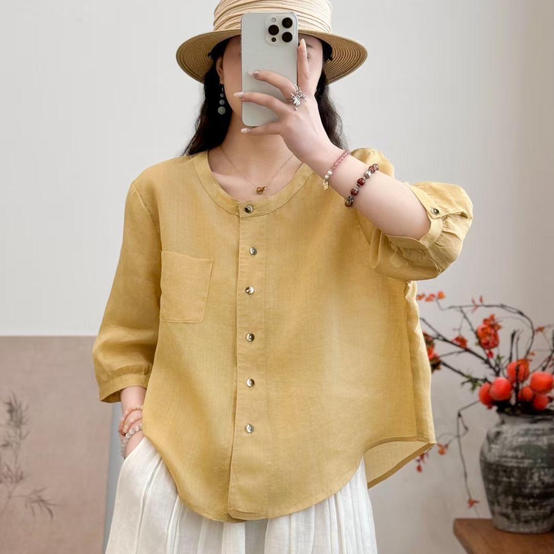 All-matching Western Style Cotton And Linen Short Sleeve Shirt