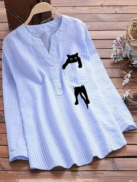 Women's Striped Cotton And Linen Pocket Printed Casual V-neck Long Sleeve Shirt