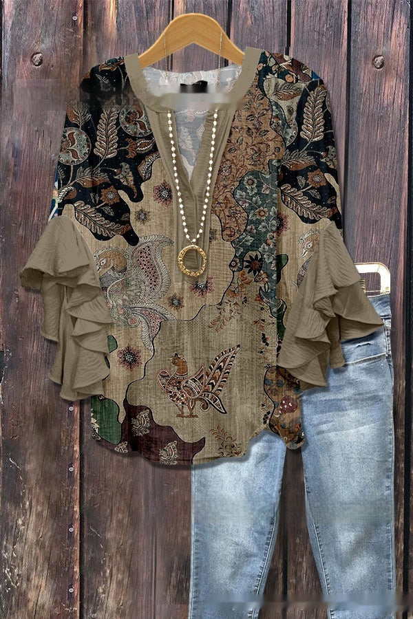 Women's Creative Printing Casual V-neck Lotus Sleeve T-shirt