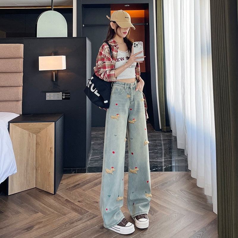Cartoon Puppy Embroidered High Waist Straight Jeans
