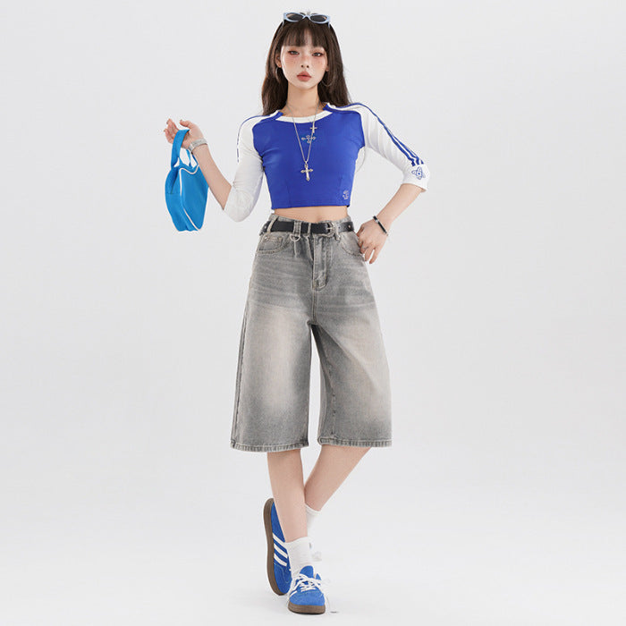 Women's American-style Retro High Street Denim Cropped Pants Summer