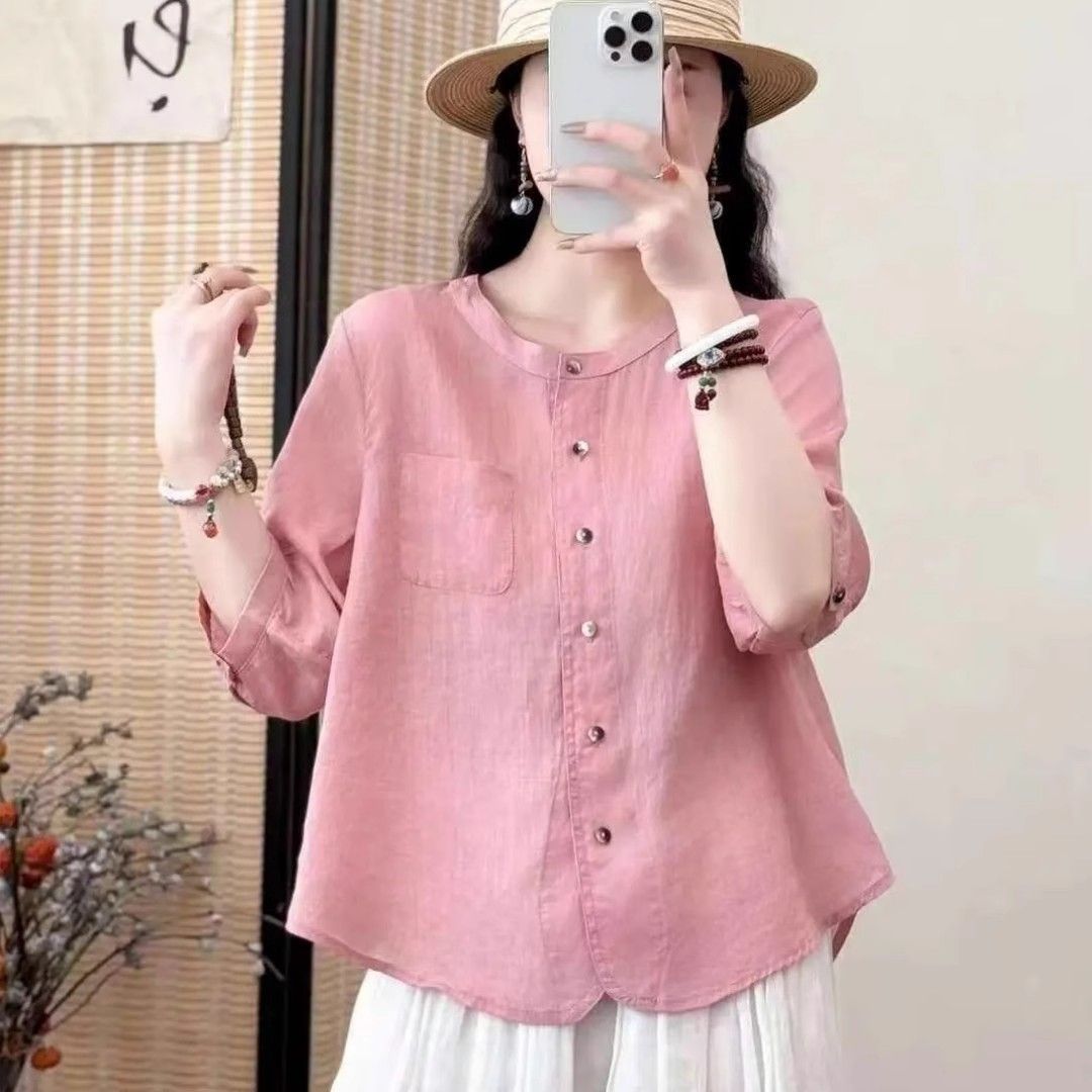 All-matching Western Style Cotton And Linen Short Sleeve Shirt